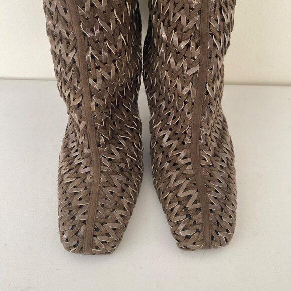Sergio Rossi Square Toe Tall Woven Boots w Heel Shoes - Picture 4 of 11